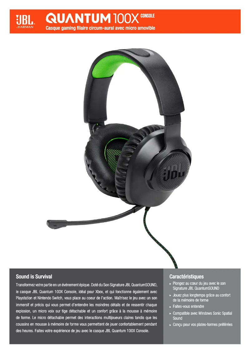 Page 1 de la notice Fiche technique JBL Quantum 100X Console