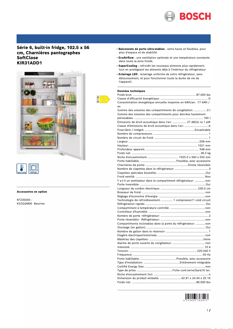 Page n°1 - Fiche technique Bosch KIR31ADD1