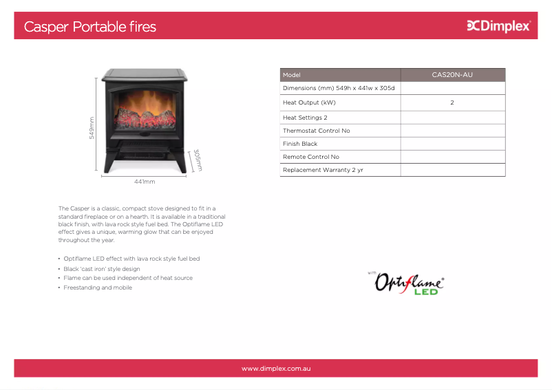 Page 1 de la notice Fiche technique Dimplex Casper CAS20N-AU