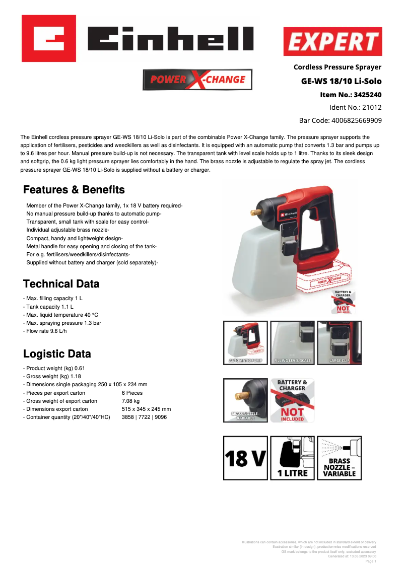 Page 1 de la notice Fiche technique Einhell GE-WS 18/10 Li-Solo