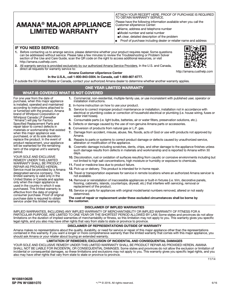 Page 1 de la notice Informations de garantie Amana AER6303MFW