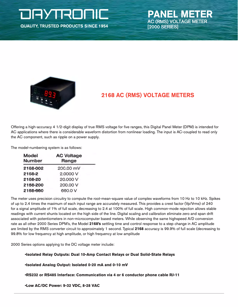 Page 1 de la notice Fiche technique Daytronic 2168-002