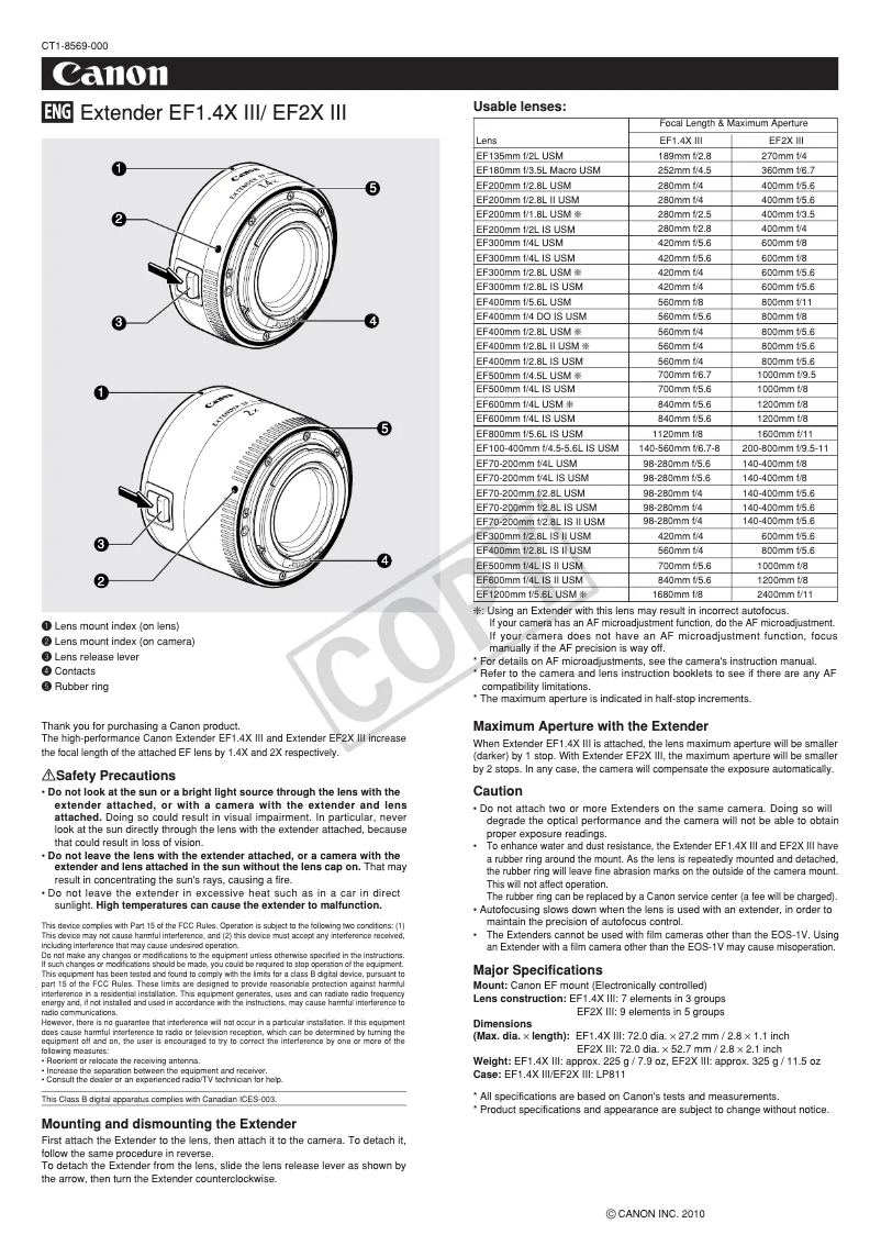 Page 1 de la notice Manuel utilisateur Canon EXTENDER EF 2X III