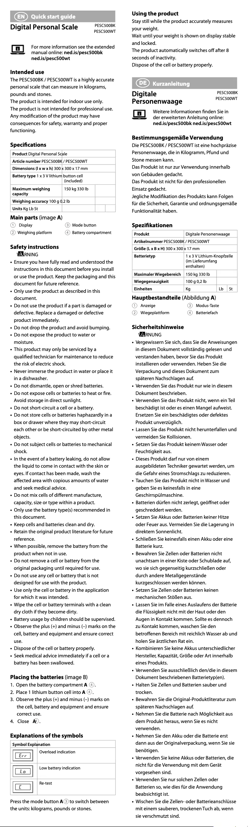 Page n°1 - Manuel utilisateur Nedis PESC500WT