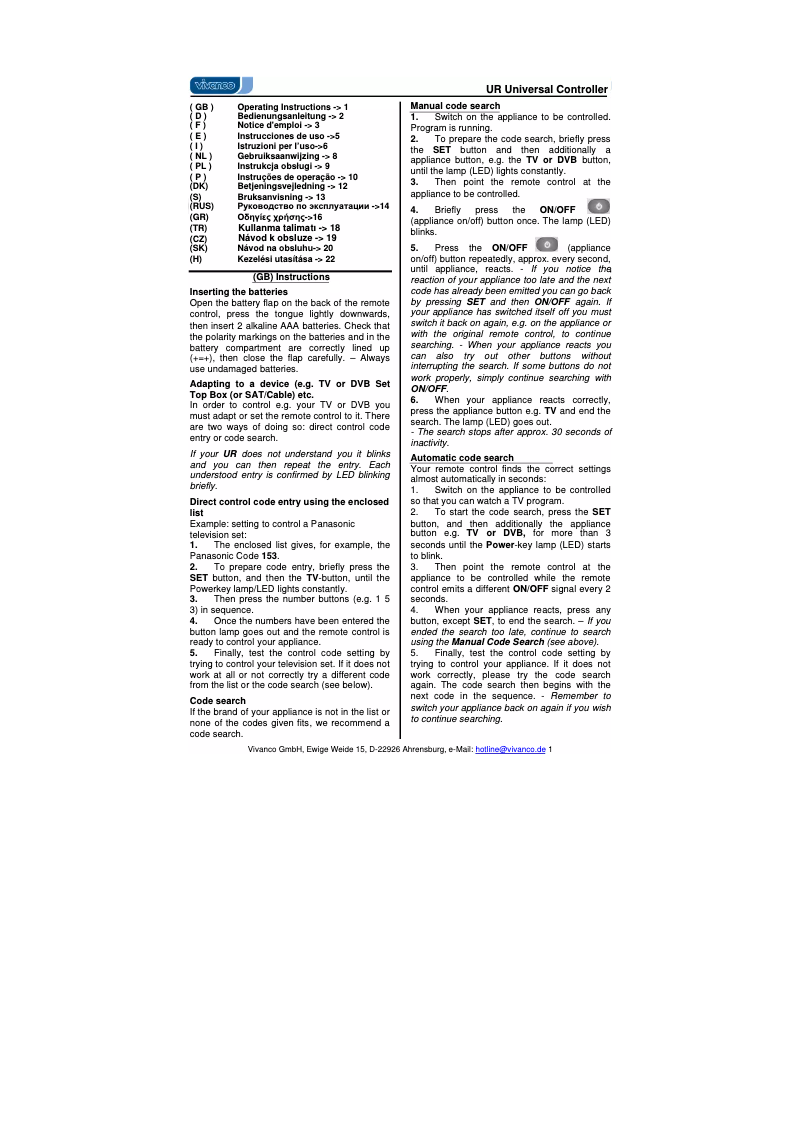 Page 1 de la notice Manuel utilisateur Vivanco UR 82 SE