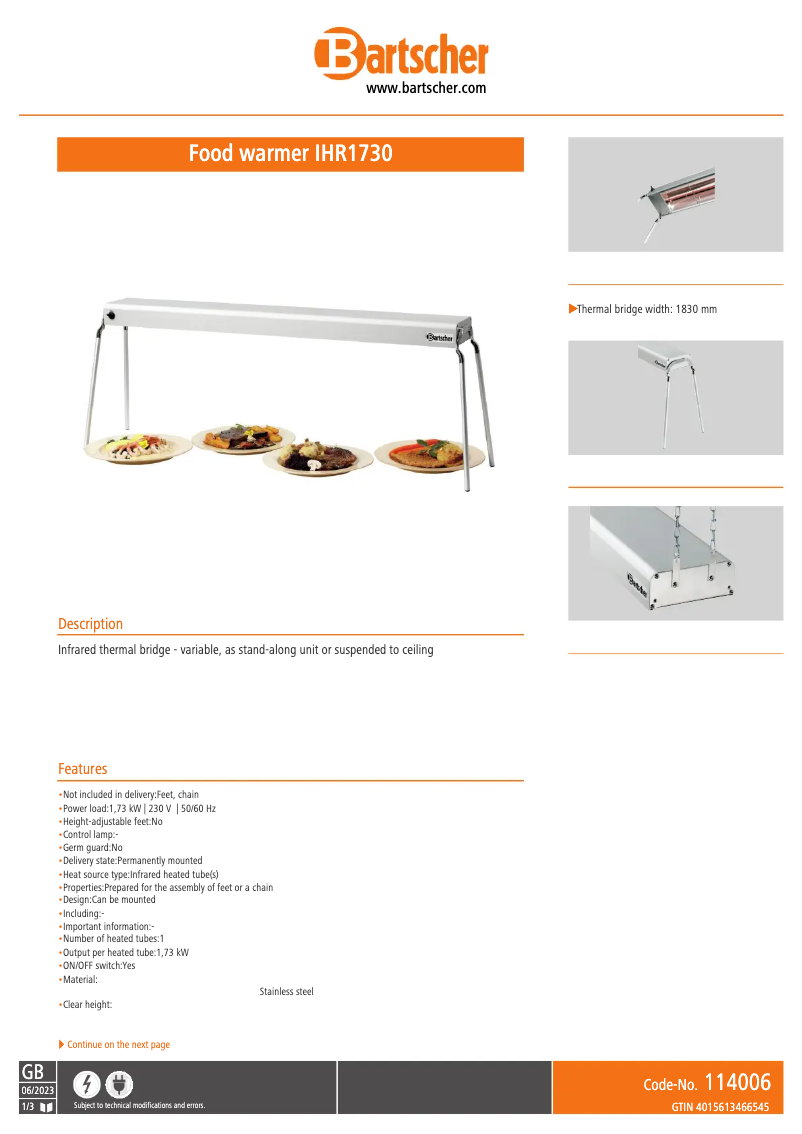 Página 1 del manual Ficha técnica Bartscher IHR1730