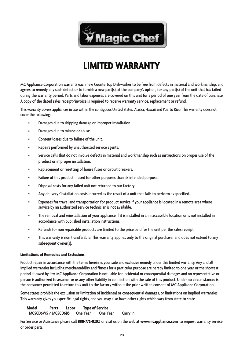 Page 1 de la notice Informations de garantie Magic Chef MCSCD6B5
