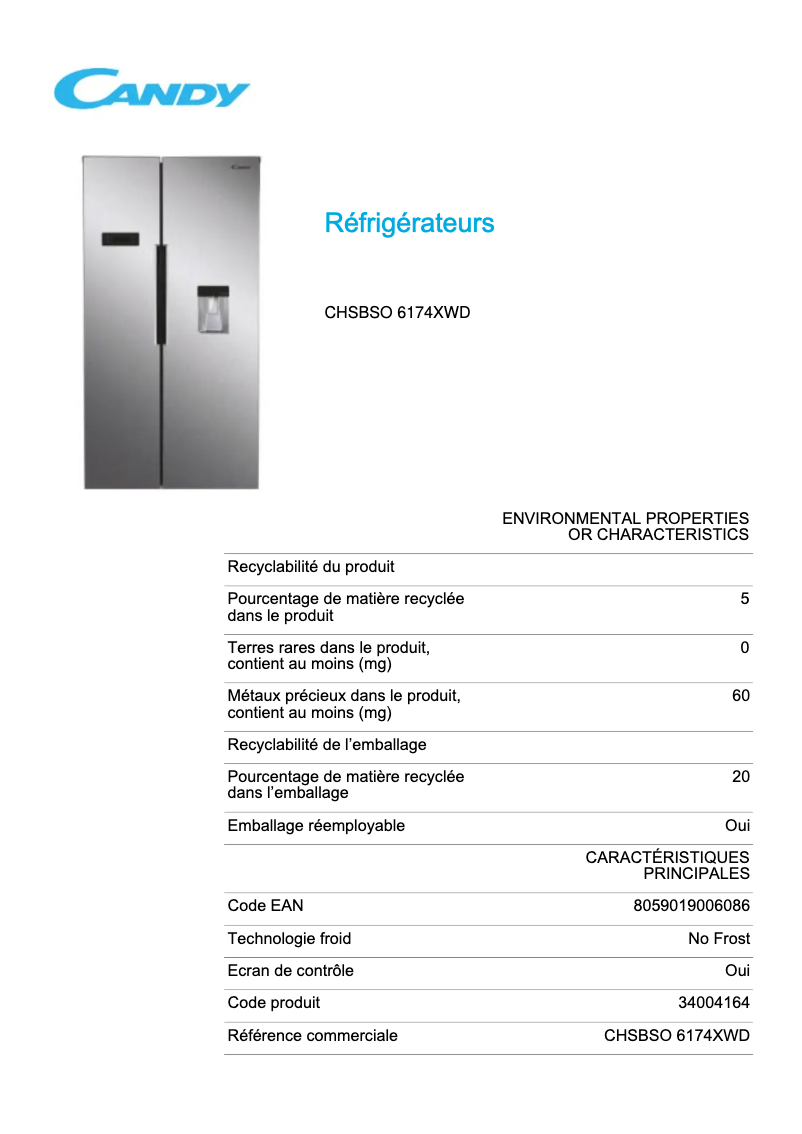 Page 1 de la notice Fiche technique Candy CHSBSO 6174XWD
