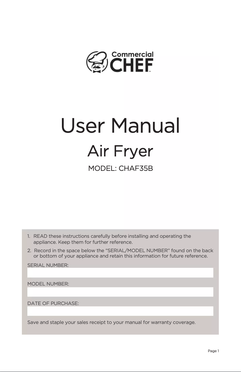 Página 1 del manual Manual de usuario Commercial Chef Air Fryer CHAF35B