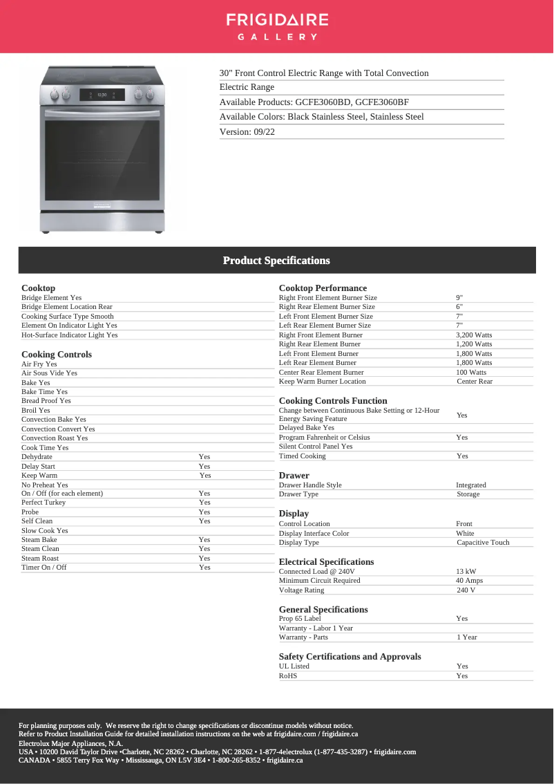 Page n°1 - Fiche technique Frigidaire GCFE3060BF