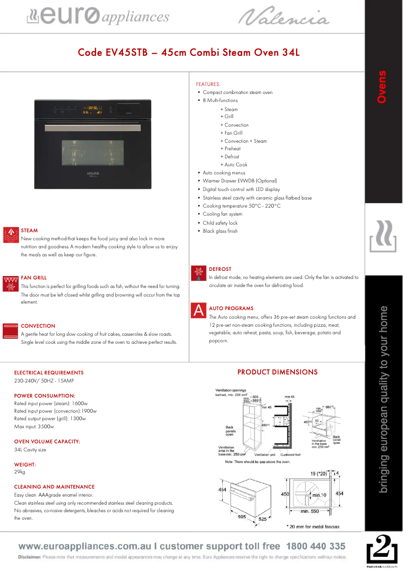 Page 1 de la notice Fiche technique Euro Appliances EV45STB