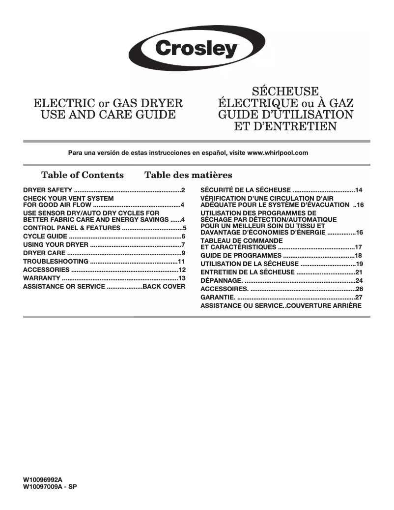 Page 1 de la notice Manuel utilisateur Crosley CGD126SDW