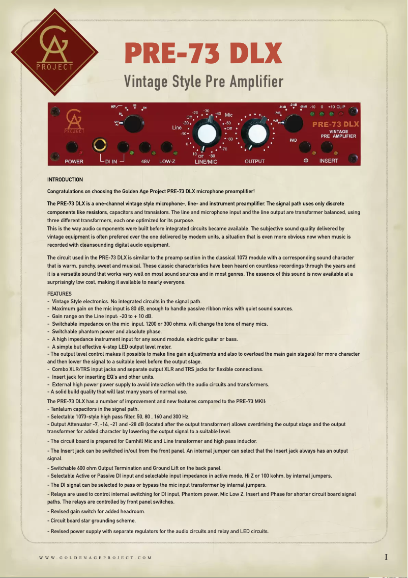 Page n°1 - Manuel utilisateur Golden Age Project PRE-73 DLX