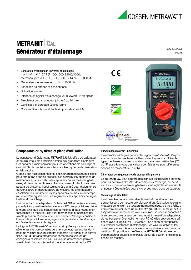 Page n°1 - Fiche technique Gossen Metrawatt METRAHIT CAL