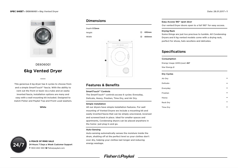 Page 1 de la notice Fiche technique Fisher & Paykel DE6060G1