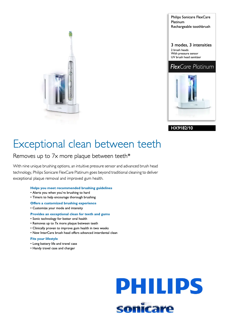 Page 1 de la notice Fiche technique Philips Sonicare FlexCare Platinum HX9182