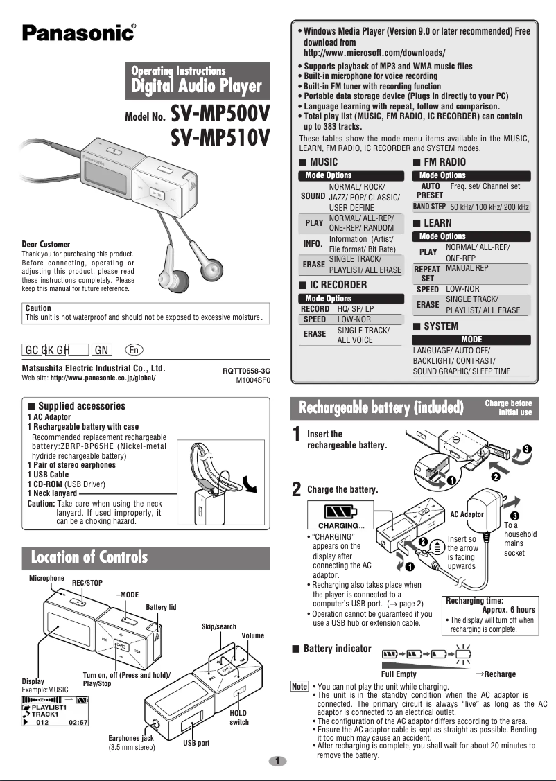 Imagen de la primera página del manual del dispositivo SV-MP510V