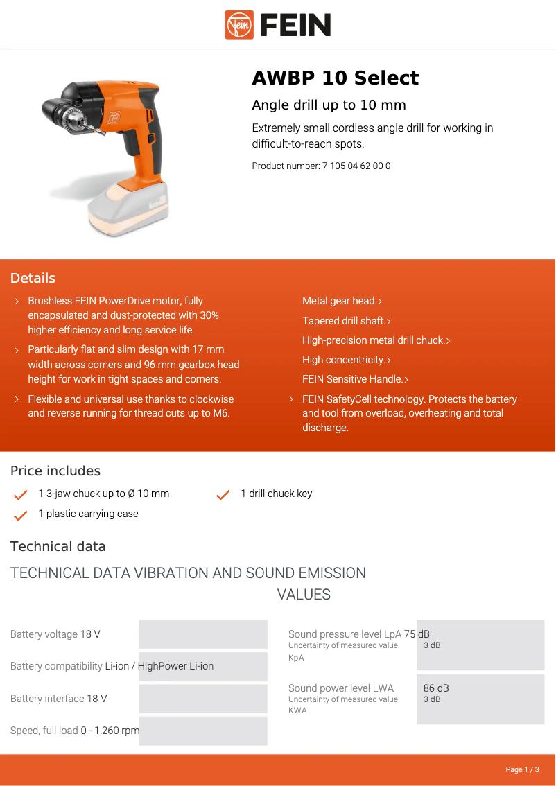 Page n°1 - Fiche technique Fein AWBP 10 Select