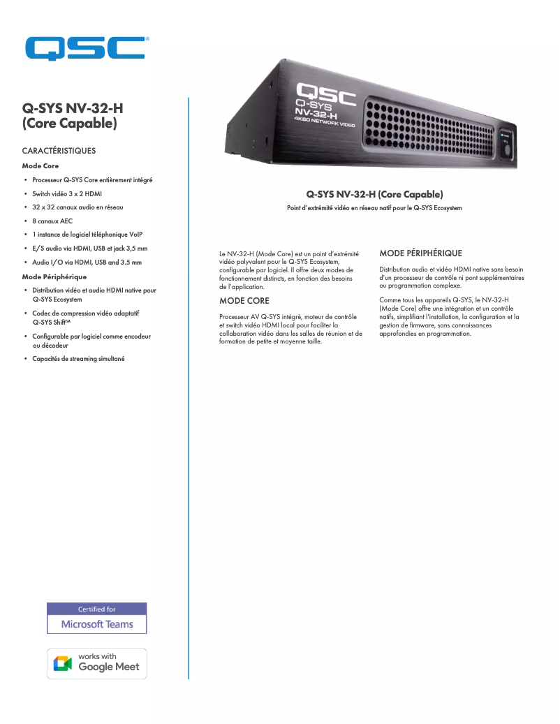Page 1 de la notice Fiche technique QSC Q-SYS NV-32-H