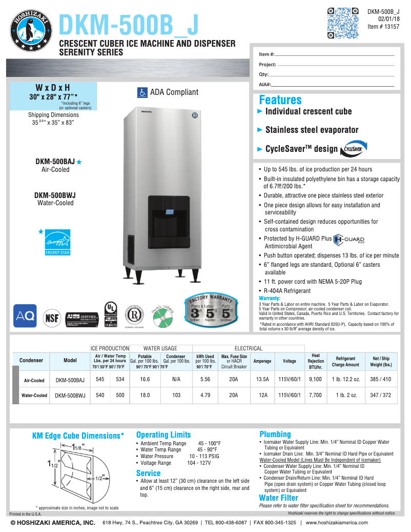 Page 1 de la notice Fiche technique Hoshizaki DKM-500BAJ