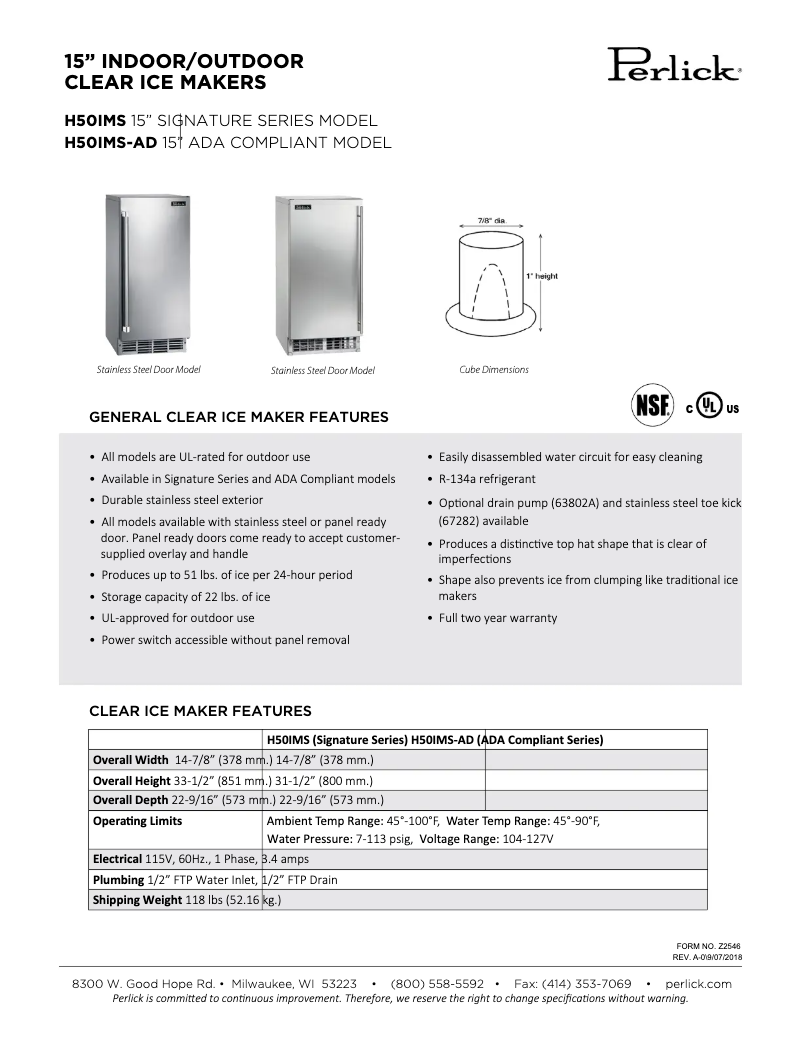 Page n°1 - Manuel utilisateur Perlick H50IM-R
