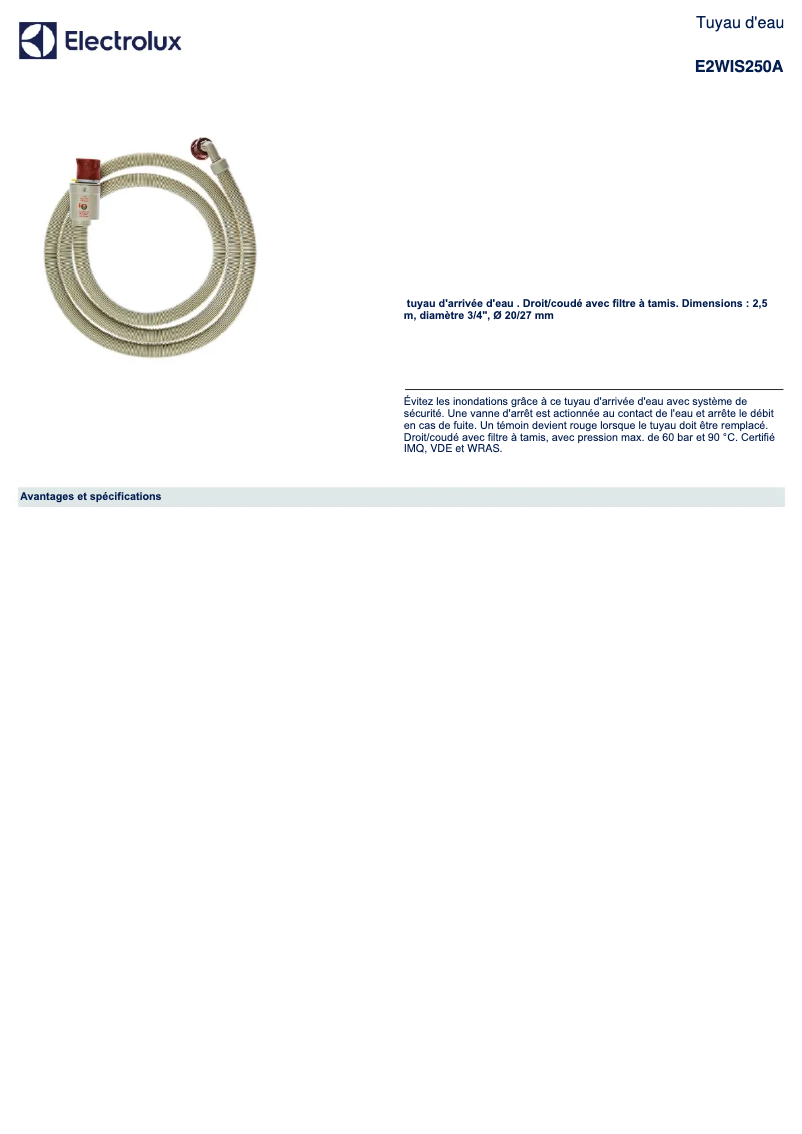 Page 1 de la notice Fiche technique Electrolux E2WIS250A