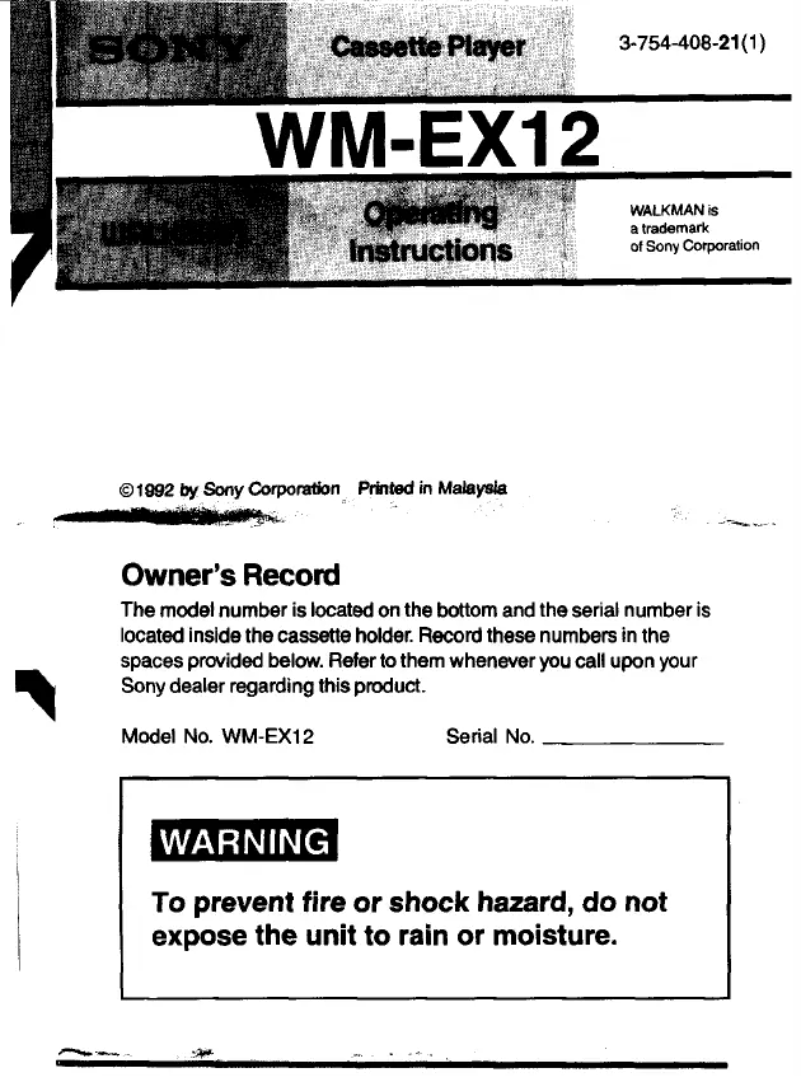 Image de la première page du manuel de l'appareil Walkman WM-EX12