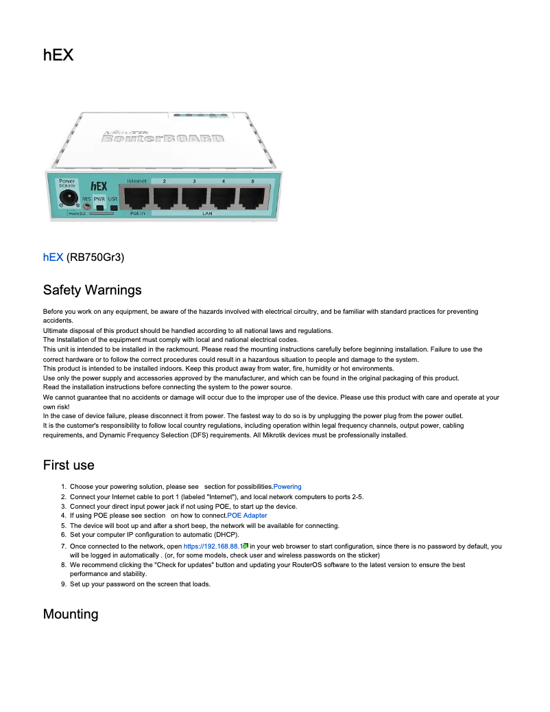 Page 1 de la notice Manuel utilisateur Mikrotik hEX
