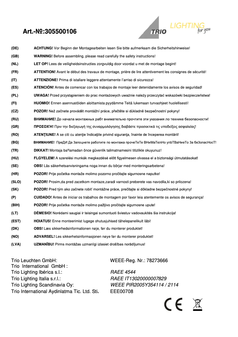 Page n°1 - Manuel utilisateur Trio Lighting Global 305500106