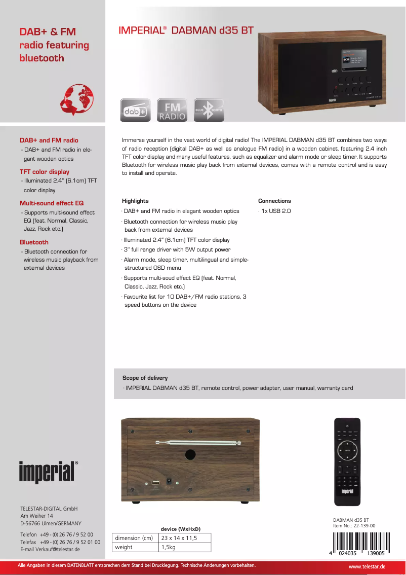 Page 1 de la notice Fiche technique Imperial DABMAN d35 BT