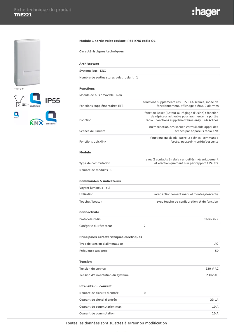 Page n°1 - Fiche technique Hager TRE221