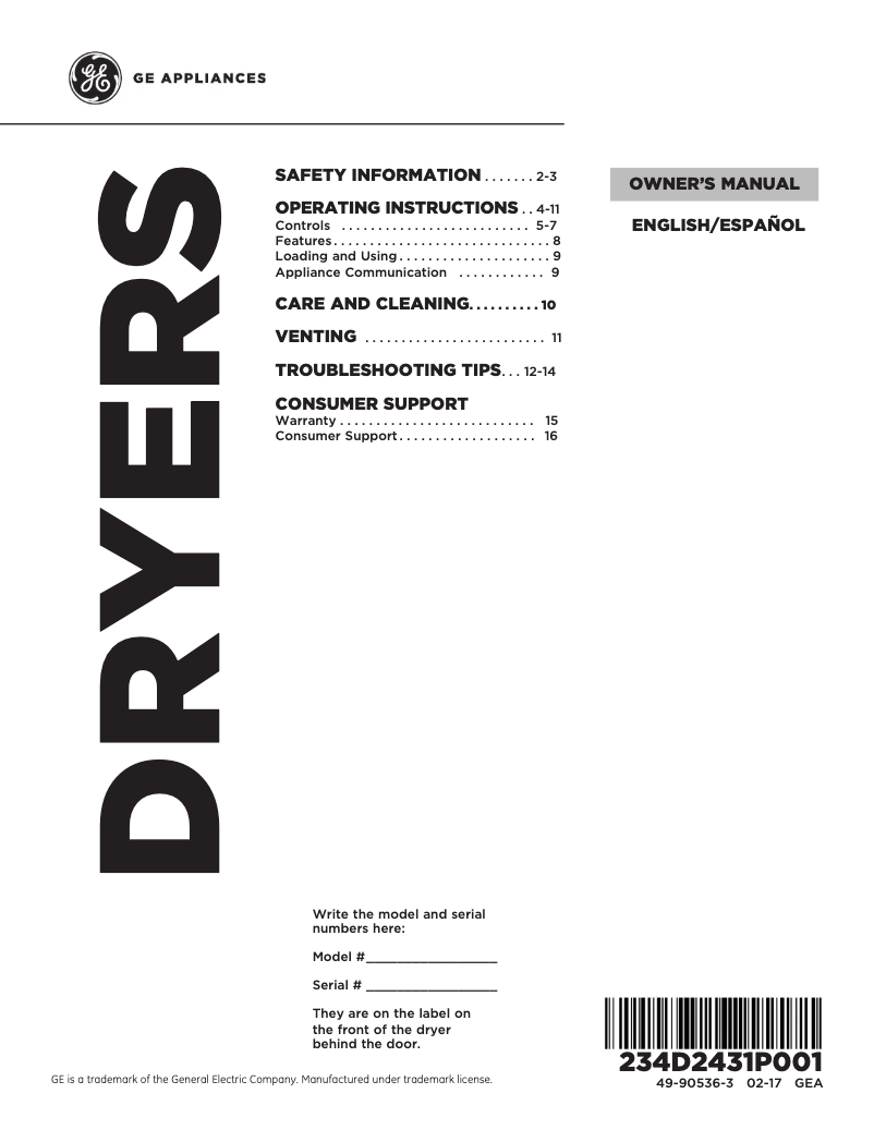 Page n°1 - Manuel utilisateur GE GTD65GBPLDG