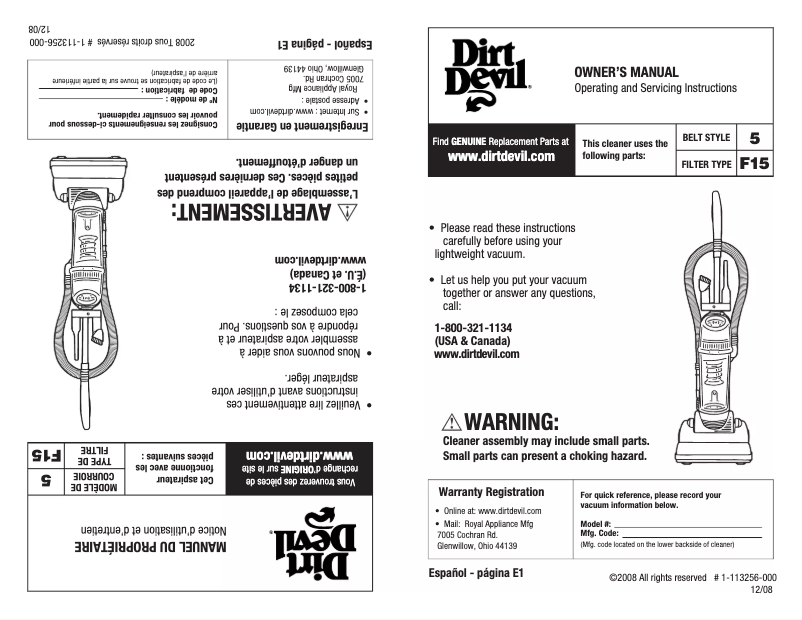Page 1 of the manual User Manual Dirt Devil Easy Lite UD40230