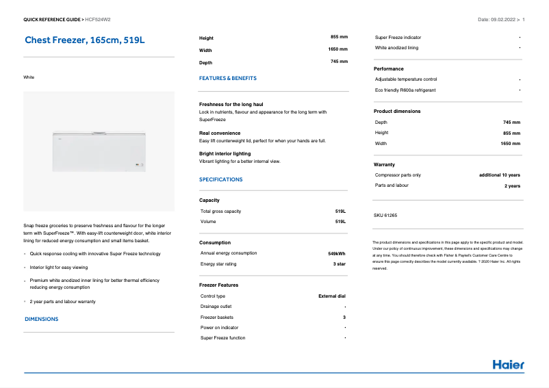 Page n°1 - Fiche technique Haier HCF524W2