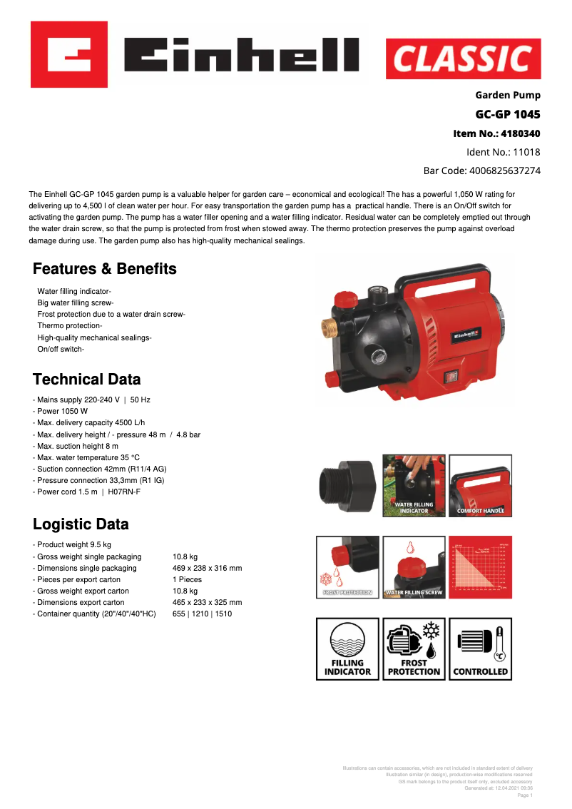 Page n°1 - Fiche technique Einhell GC-GP 1045