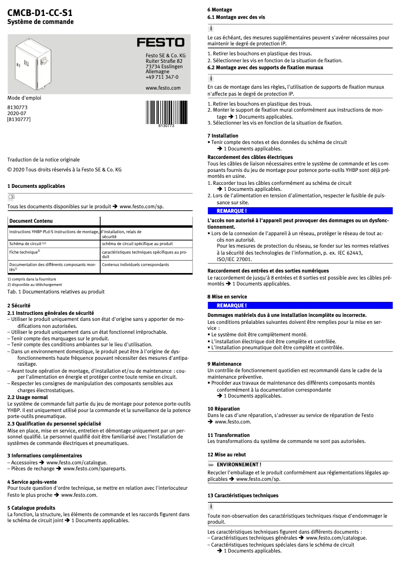 Page 1 de la notice Manuel utilisateur Festo CMCB-D1-CC-S1