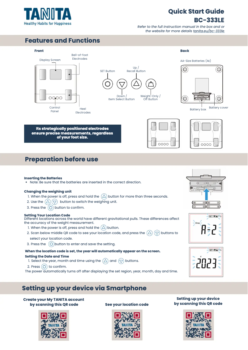 Page 1 de la notice Guide de démarrage rapide Tanita BC-333LE