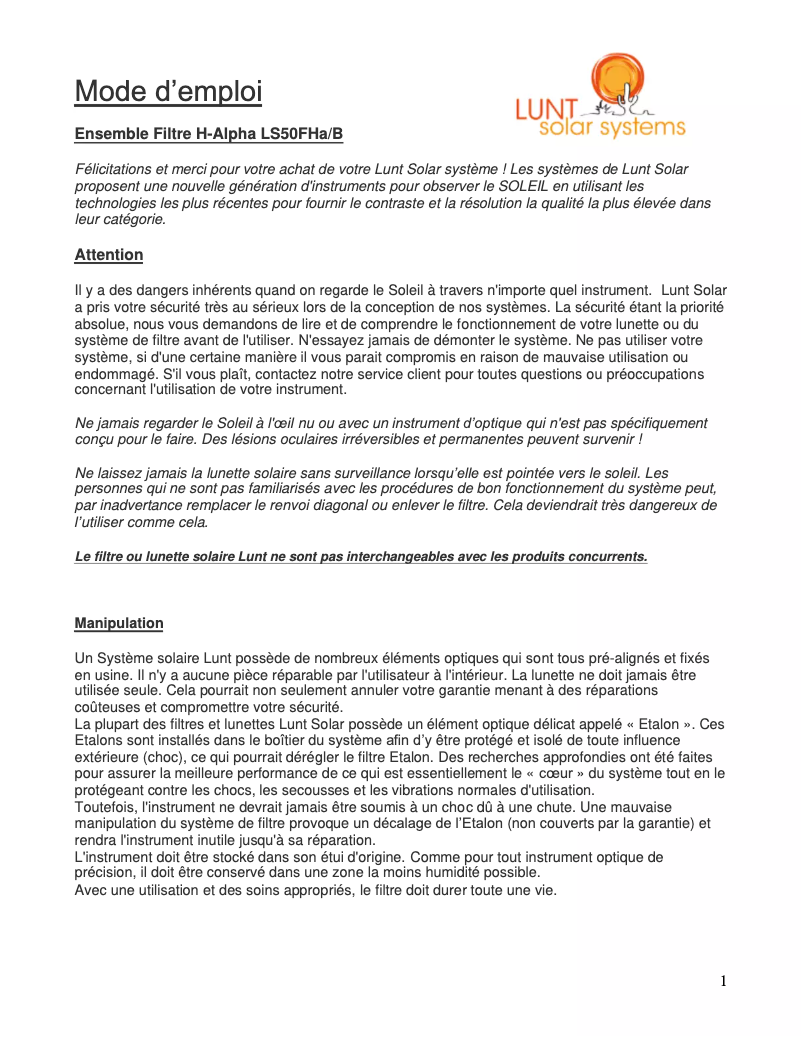 Page 1 de la notice Manuel utilisateur Lunt Solar Systems LS50FHa