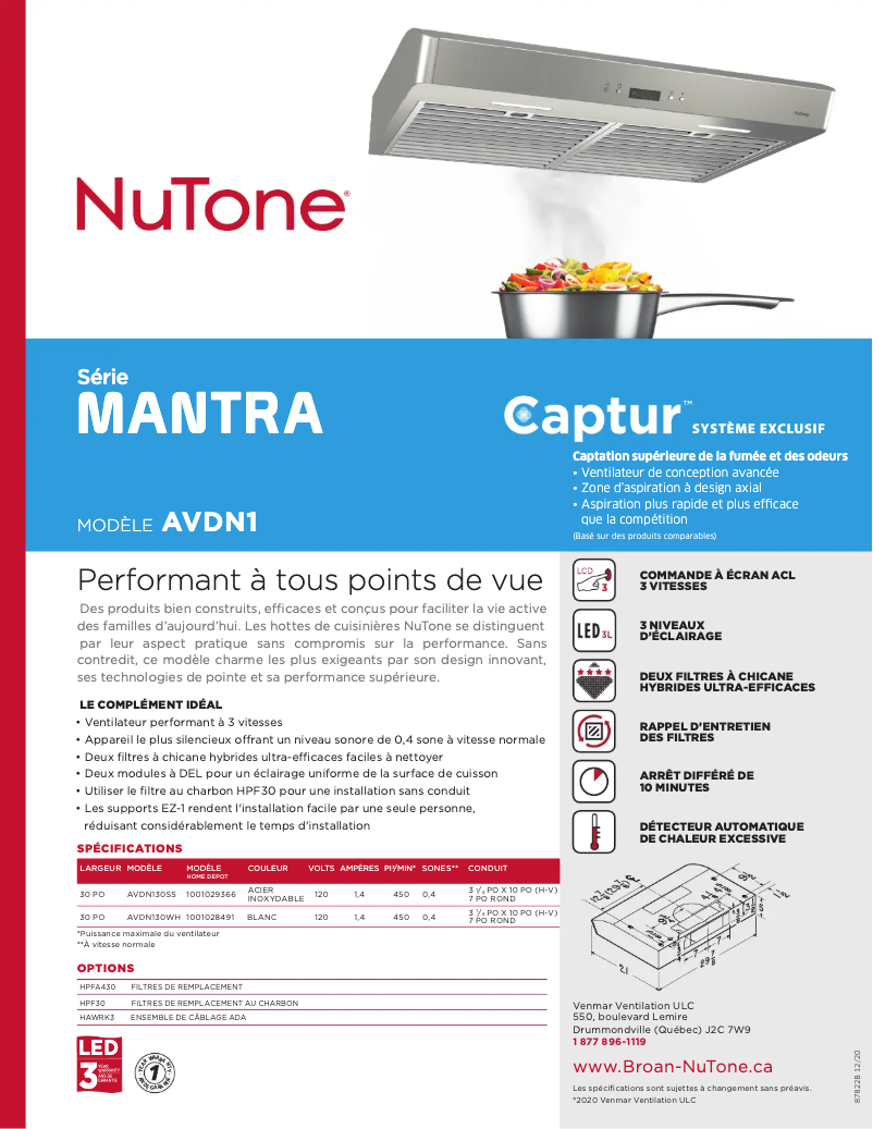 Page 1 de la notice Brochure NuTone AVDN130WH