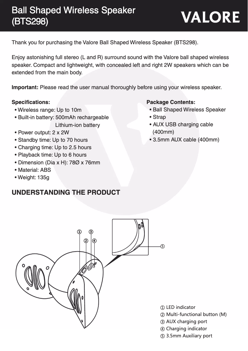 Page 1 de la notice Manuel utilisateur Valore BTS298