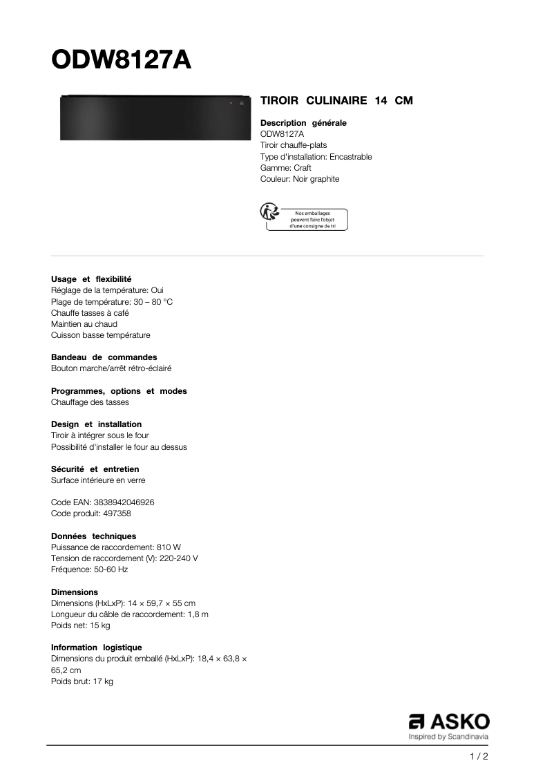 Page 1 de la notice Fiche technique Asko ODW8127A