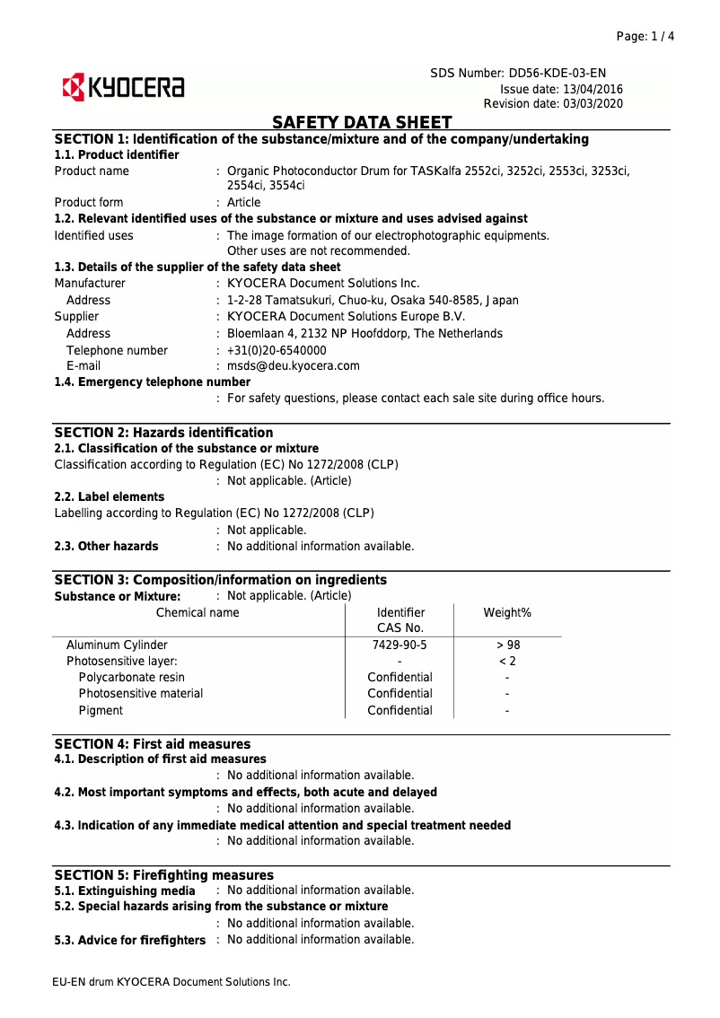 Page n°1 - Instructions de sécurité Kyocera TASKalfa 2554ci