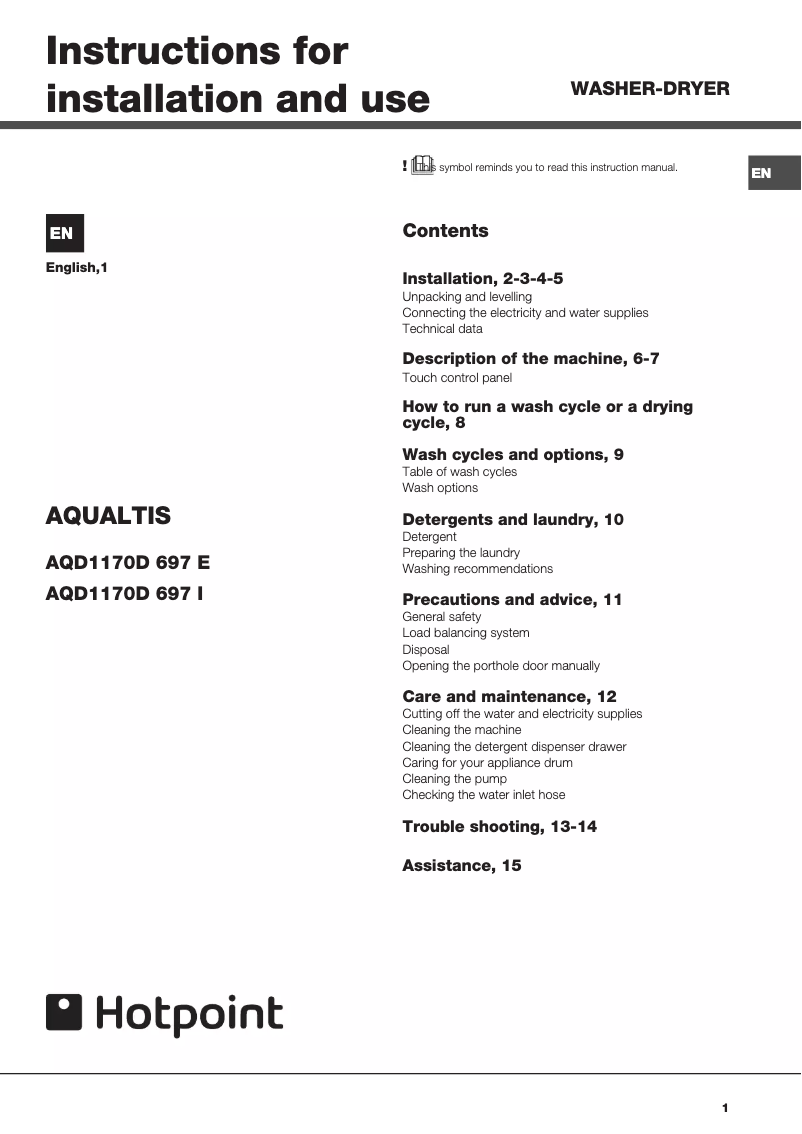 Image de la première page du manuel de l'appareil Aqualtis AQD1170D 697 E