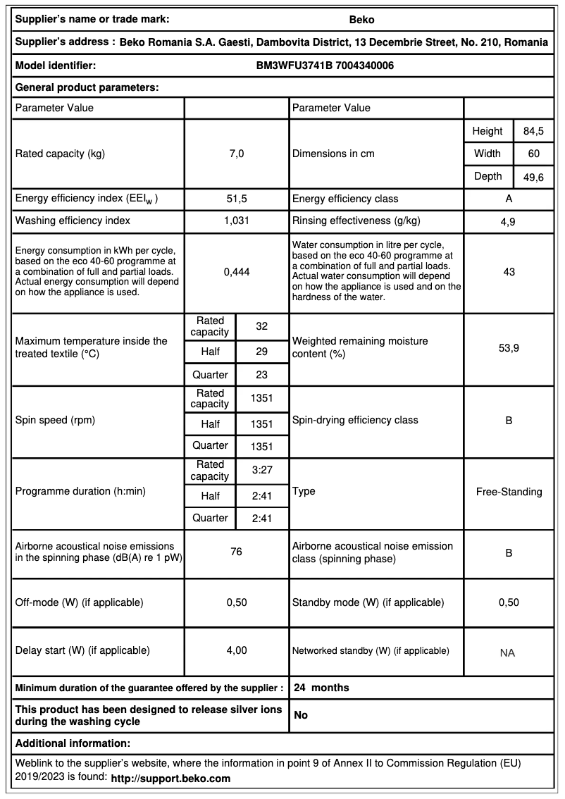 Page 1 de la notice Fiche technique Beko BM3WFU3741B