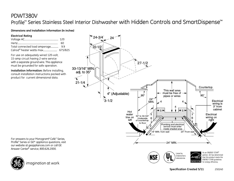 Page 1 de la notice Fiche technique GE Profile PDWT380VSS