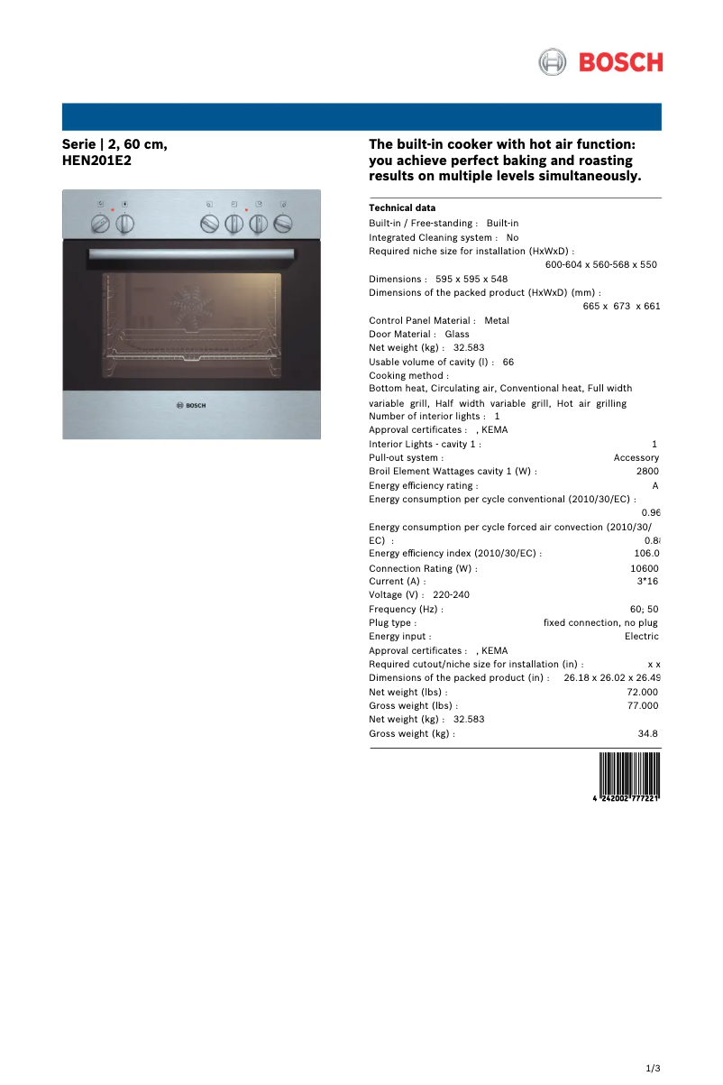 Page 1 de la notice Fiche technique Bosch Serie 2 HEN201E2