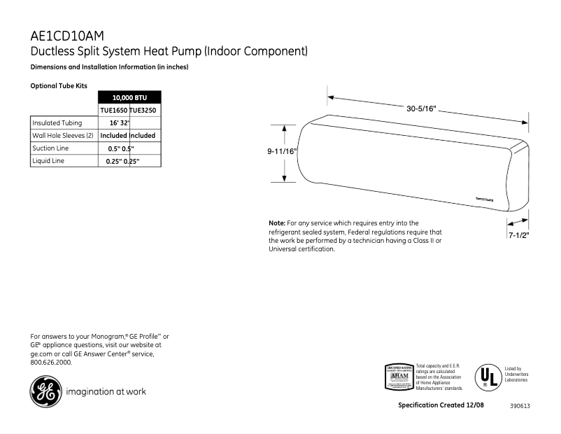 Page n°1 - Fiche technique GE AE1CD10AM