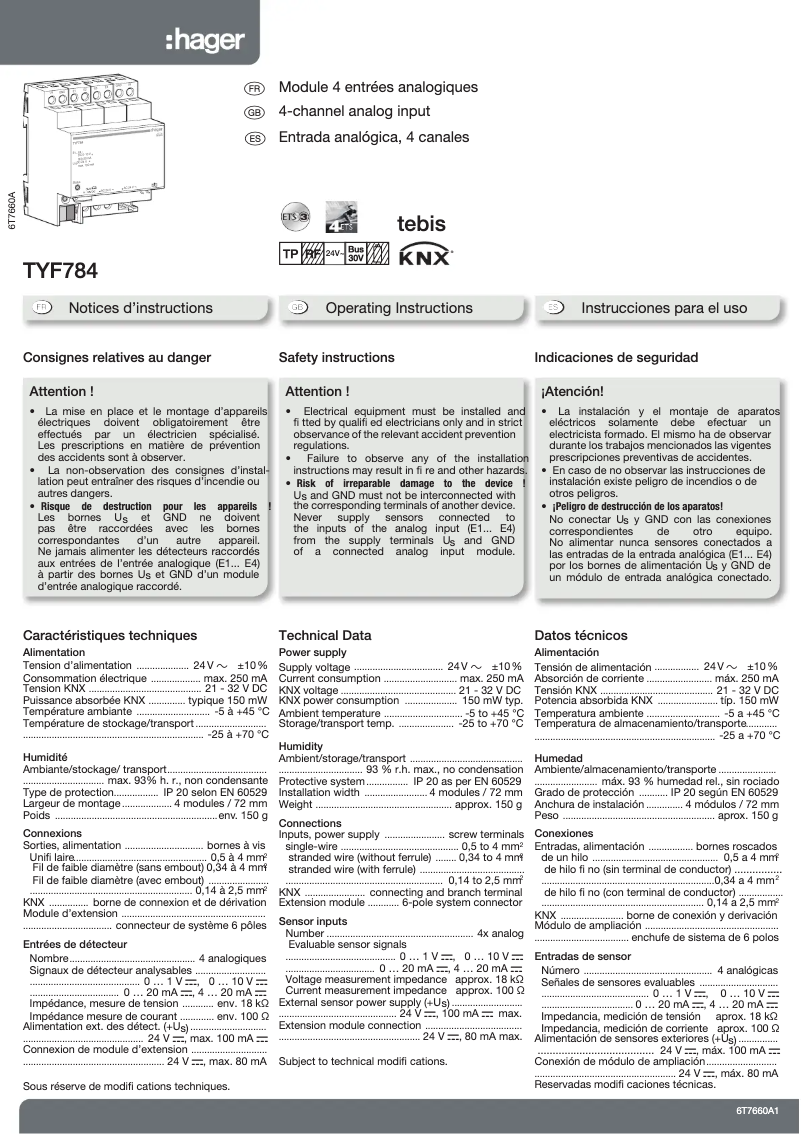 Page n°1 - Manuel utilisateur Hager TYF784