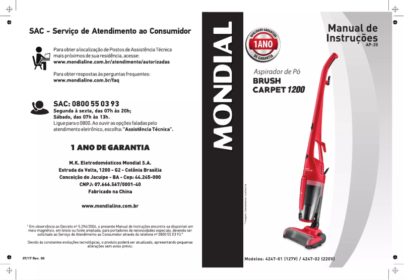 Page 1 de la notice Manuel utilisateur Mondial Brush Carpet 1200 AP-25
