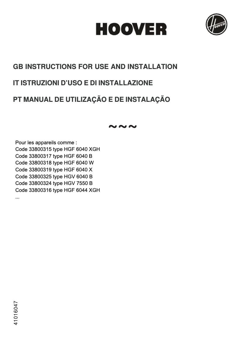Page 1 de la notice Manuel utilisateur Hoover HGF 6040 B